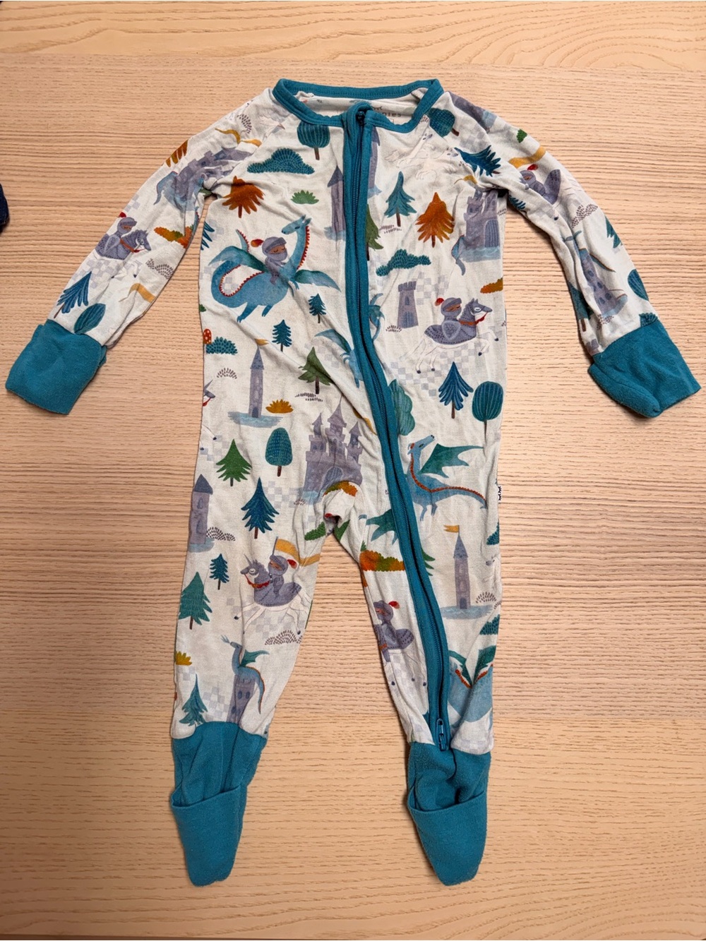 Little sleepies Dragon & Castle Print Footed One-Piece - Teal Trim